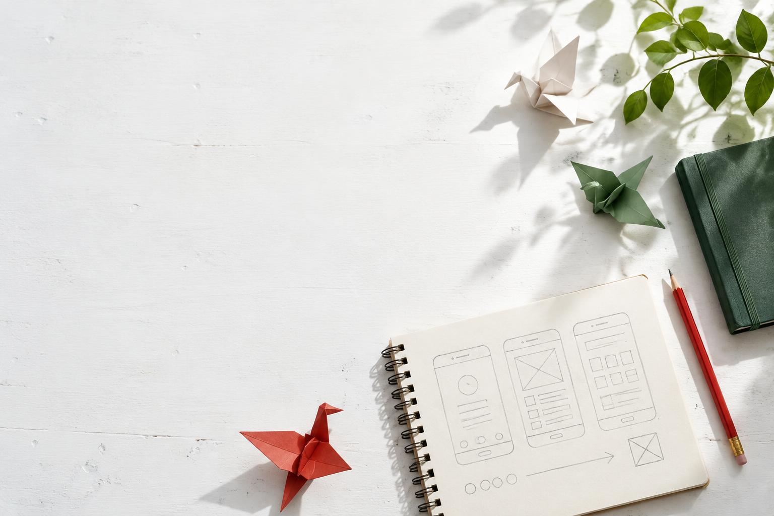 Paper birds and app sketches on a sunlit creative worktable